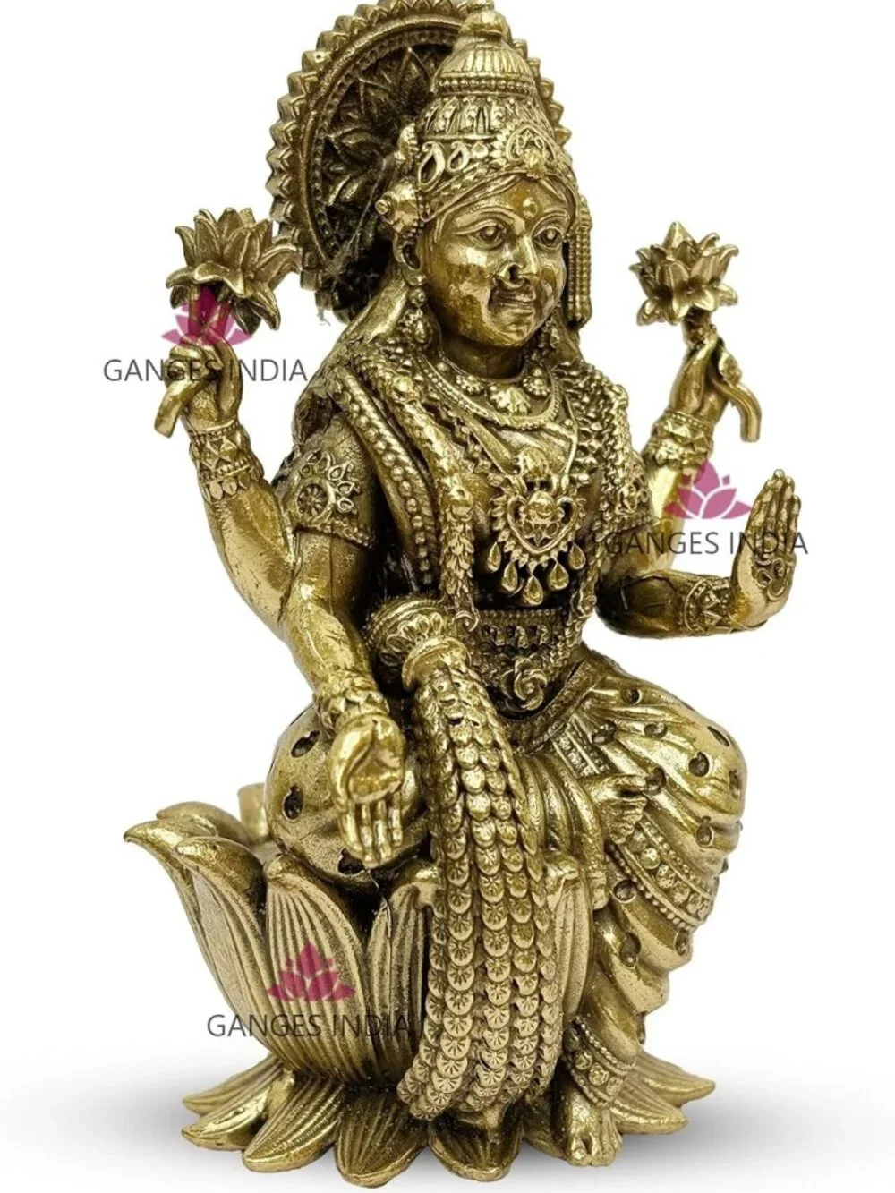 Brass Lakshmi Statue - Seated on Lotus, Ornate Religious Figurine for Home